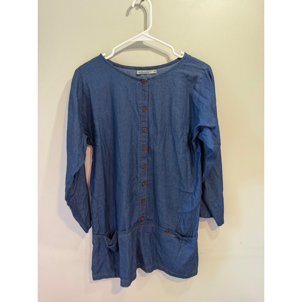Edenrobe Women Blue Denim Chambray Tunic Top Button Front Pockets Medium 579